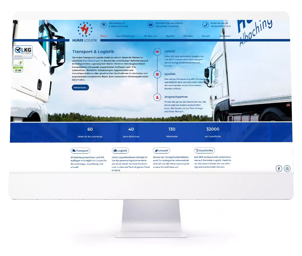 Webdesign Referenzen für Webseiten und Online-Shops - Huber Transport & Logistik GmbH