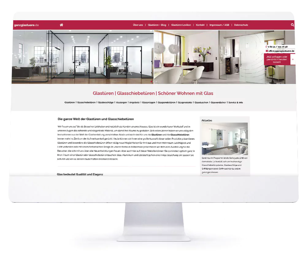 Webdesign Referenzen für Webseiten und Online-Shops - ganzglastuere.de